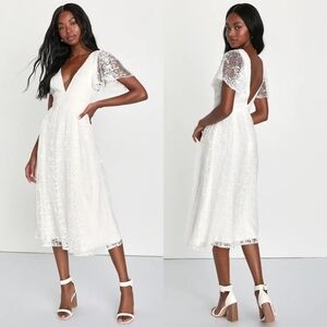 Lulus Elegant Approach White Embroidered Flutter Sleeve Midi Dress XS Wedding